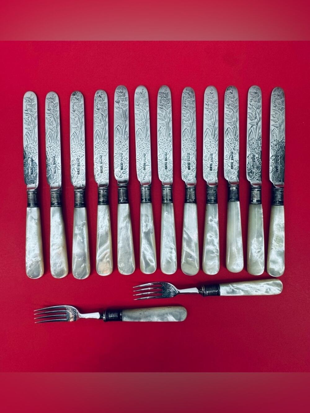 12 Vintage 1908 Engraved Silver Plated Knives & 2 Forks Mother of Pearl Handles